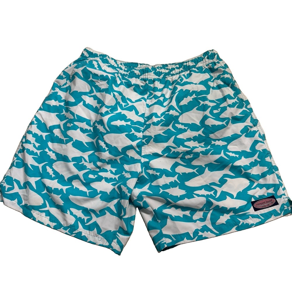 Vineyard Vines Shorts Mens Large Blue Shark Print Swim Trunks Mesh Lined Beach